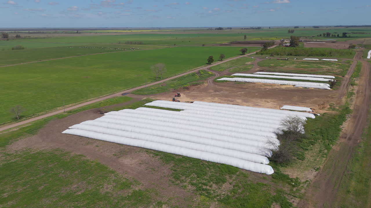 Aerial zoom in drone flying over a light green field with grass, blue sky with some clouds and white grain bags.