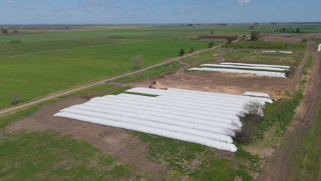 aerial zoom in drone flying over a light green field with grass, blue sky with some clouds and white grain bags.