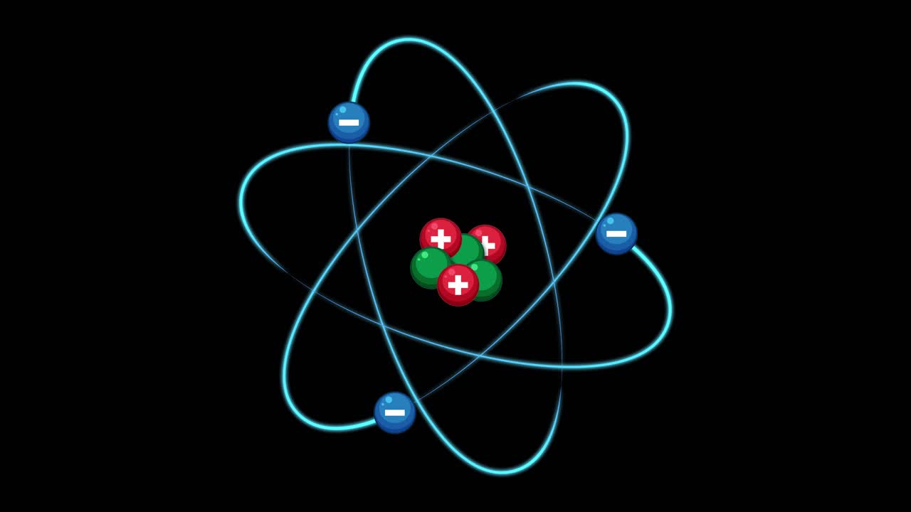 Animated atom model rotates, displaying nucleus and electron orbits with glowing highlights on dark background