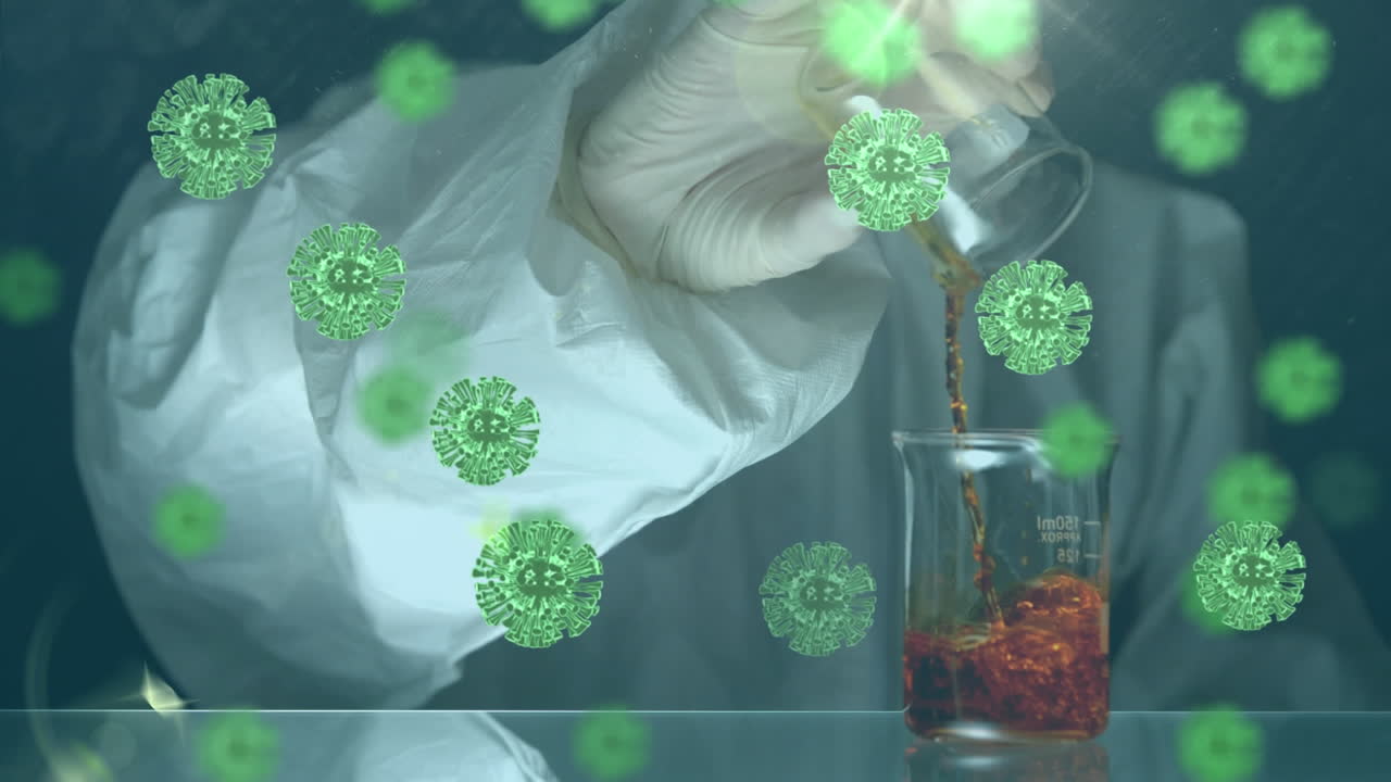 천천히 액체를  ⁇ 는 과학자 위에 떠다니는 거대한 코로나19 세포의 애니메이션