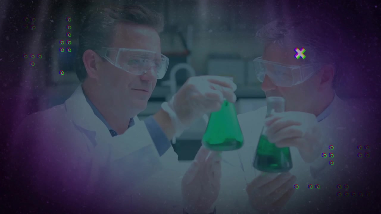 Chemists angling green flasks, pipetting for analysis, digital overlays highlighting change