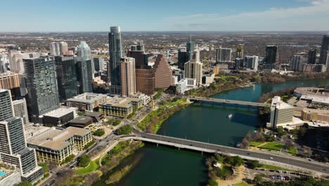 Aerial-shot-of-downtown-Austin,-TX-with-the-Colorado-River-in-frame