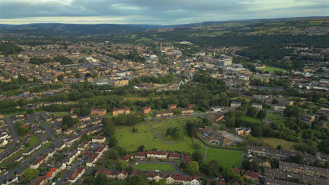 high establishing drone shot over shipley bradford suburbs