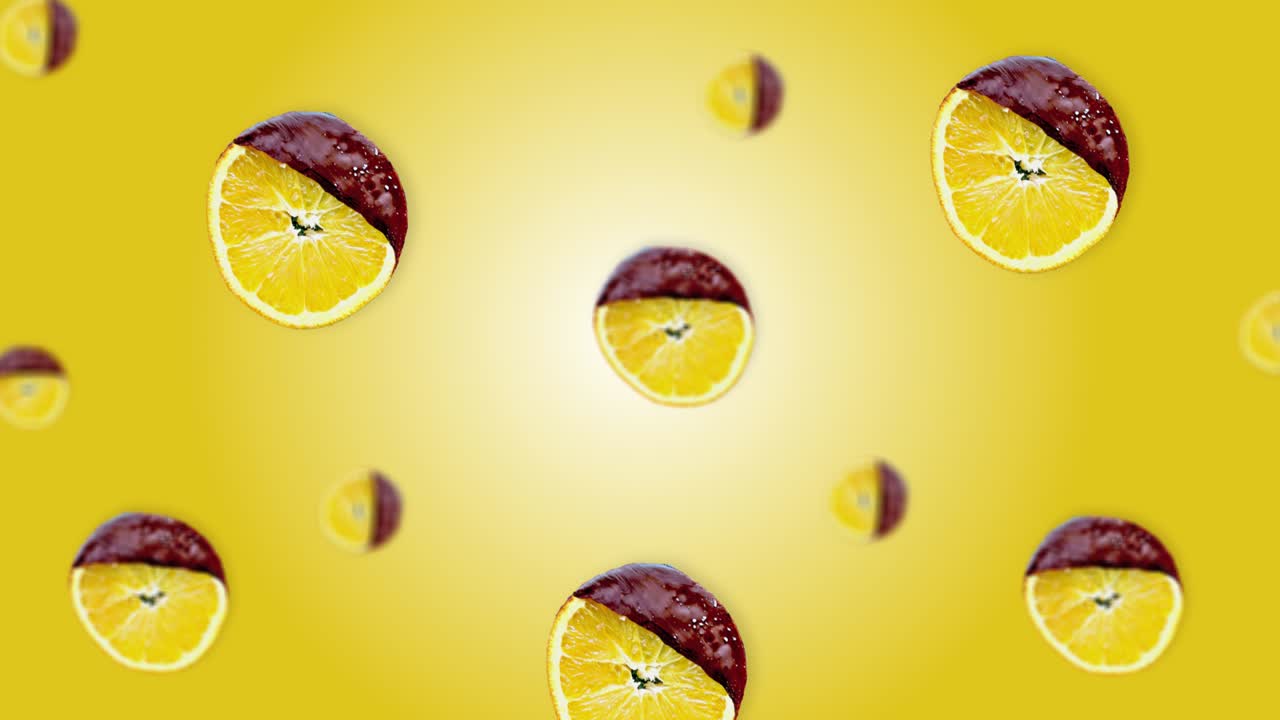 색 오렌지 둥근 그라디언트 배경에 떠있는 다른 지름의 초콜릿 오렌지 조각. 회전 된 조각 된 과일의 애니메이션.