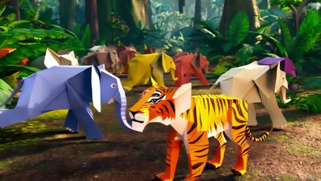 animales de origami en una escena de la jungla