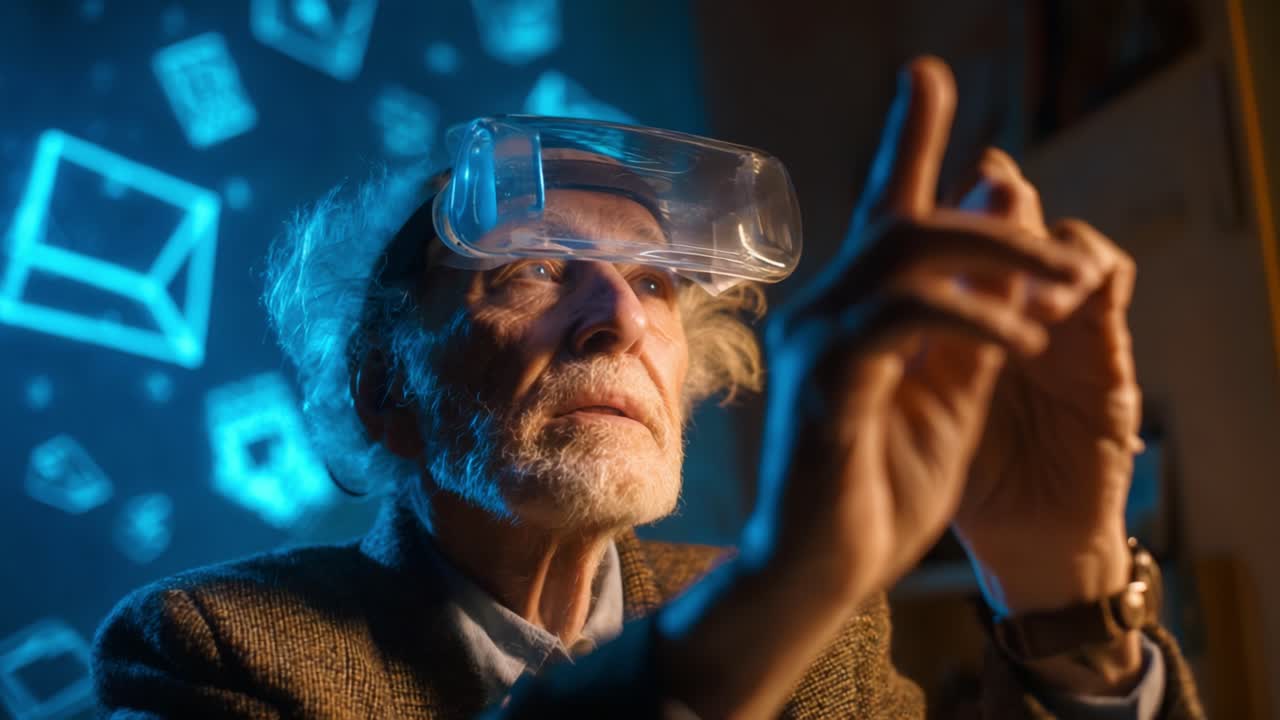 An elderly man engages with augmented reality, observing 3D holograms while wearing a unique headset that enhances his interaction with digital shapes and concepts projected in front of him