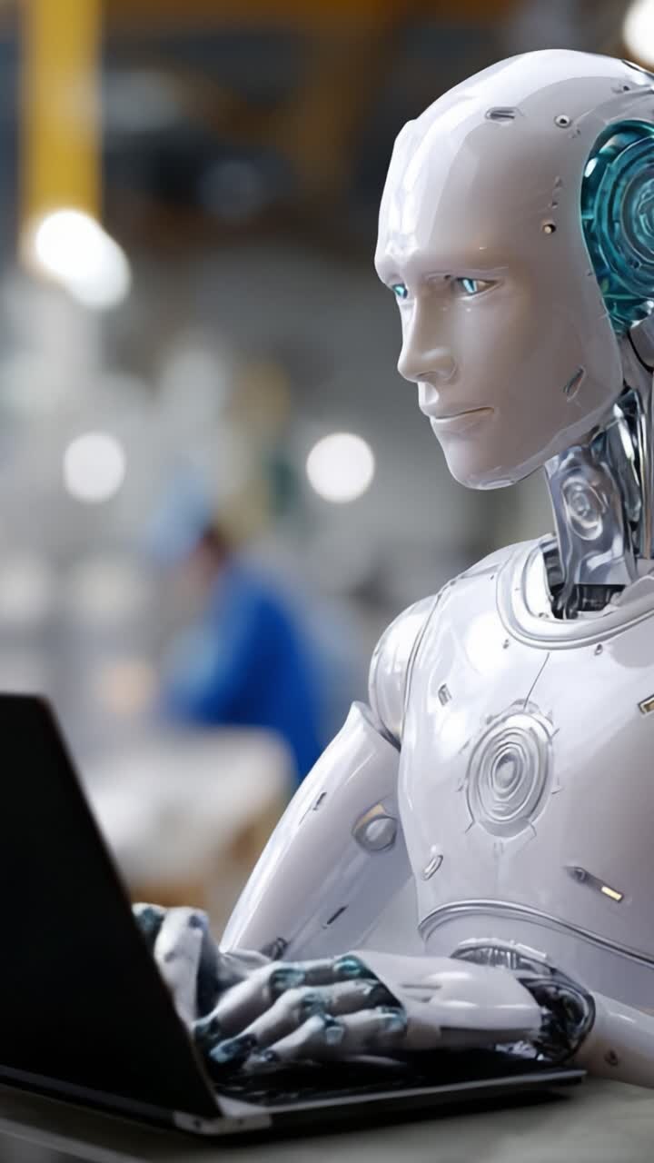 Robot umanoide avanzato impegnato in compiti di calcolo, che mostra l'intelligenza artificiale e la tecnologia futuristica in un ambiente di lavoro moderno.