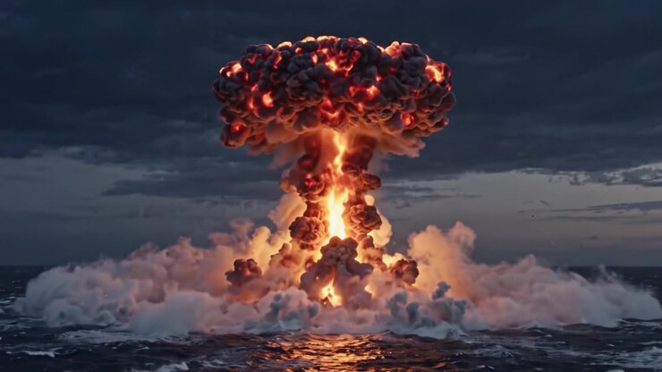 A Dramatic Sequence of an Underwater Explosion, Capturing the Powerful Eruption and Subsequent Smoke Plume Rising Over the Ocean's Surface Amidst a Turbulent Sky