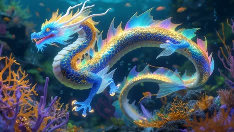 a majestic underwater dragon in a coral reef