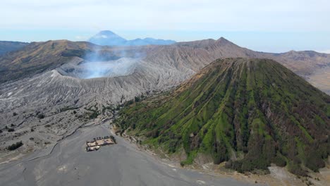 drone moves sideways active volcano bromo in java indonesia