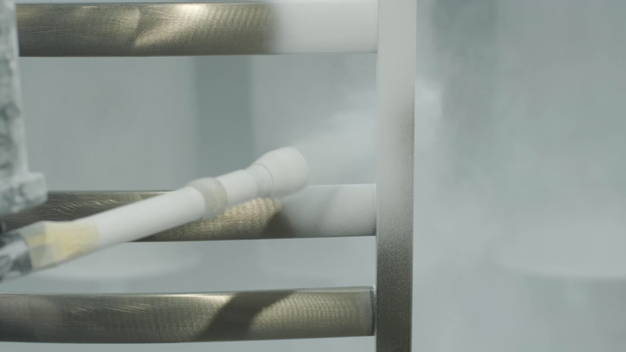 노동자가 에어브러시 스프레이 총으로 스테인리스 스 금속 구조물을 칠합니다. 건조 칠 방법