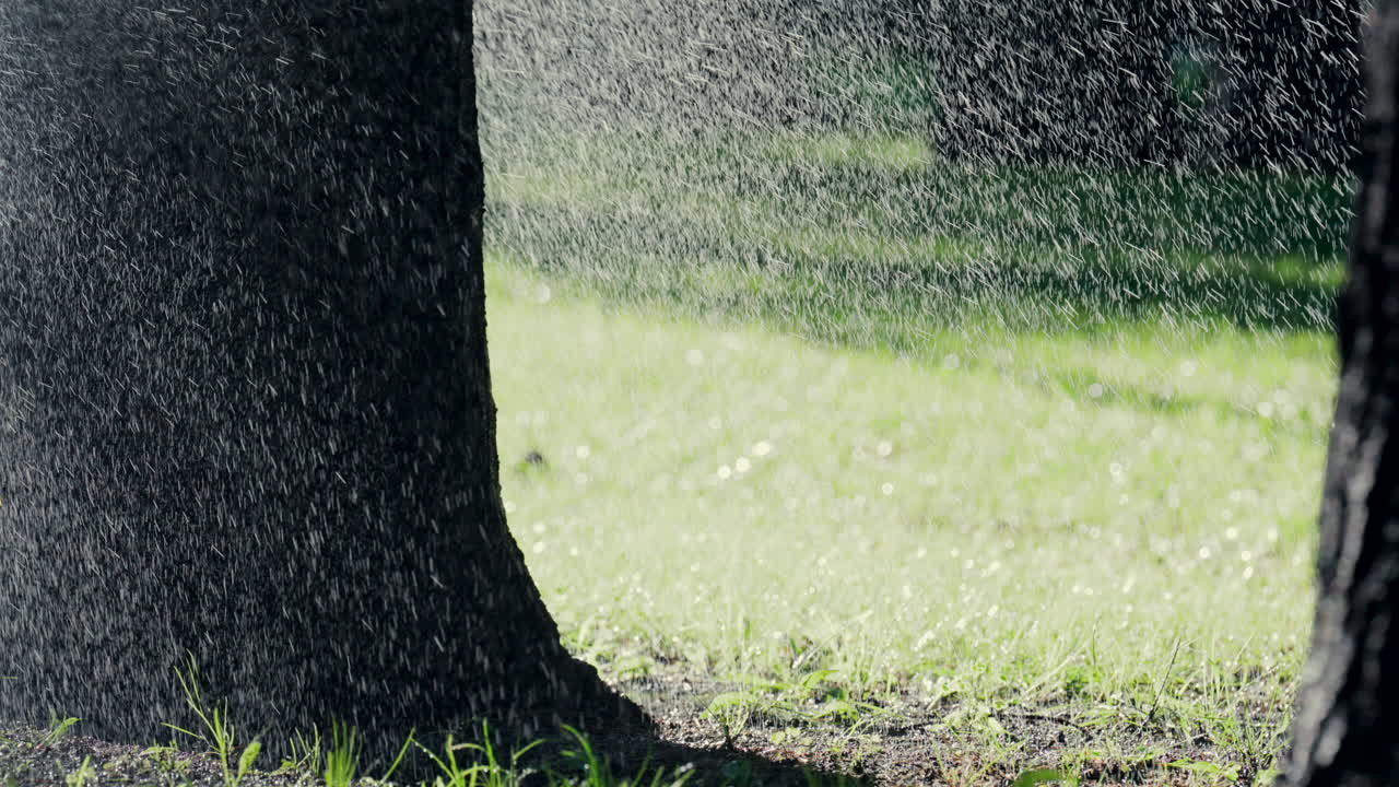 A garden sprinkler sprays water into the air, with sunlight reflecting off the droplets in a green park