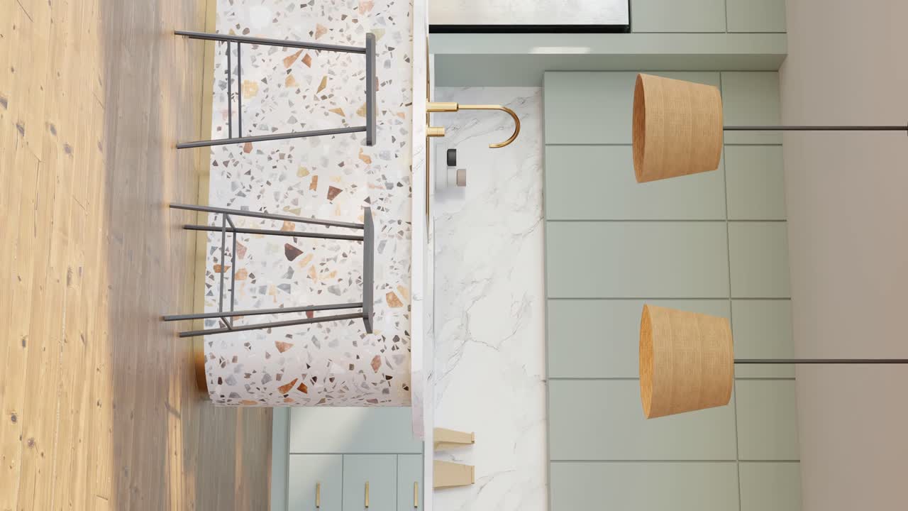 animación de renderizado 3d vertical de una cocina minimalista moderna blanca