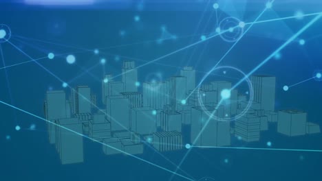 animation of network of connections over digital city on blue background