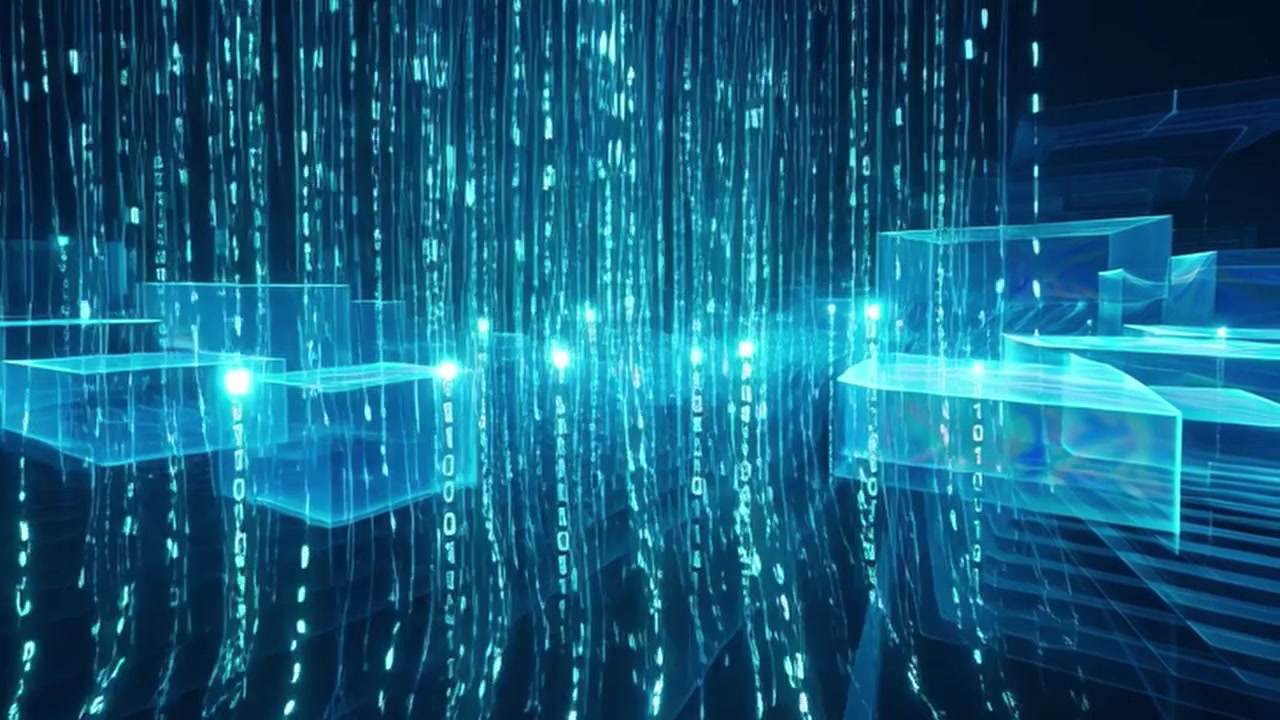 Digital Data Stream Flowing Through Abstract Glowing Cubes