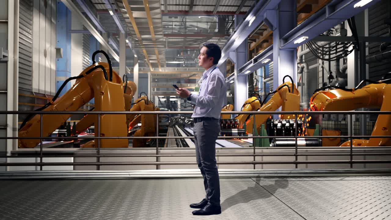 Full Body Side View Of Asian Male Worker Standing With His phone With Industrial Robotic Arms Working, He Observes By Looking Around Before He Come To Concentrating With His smartphone