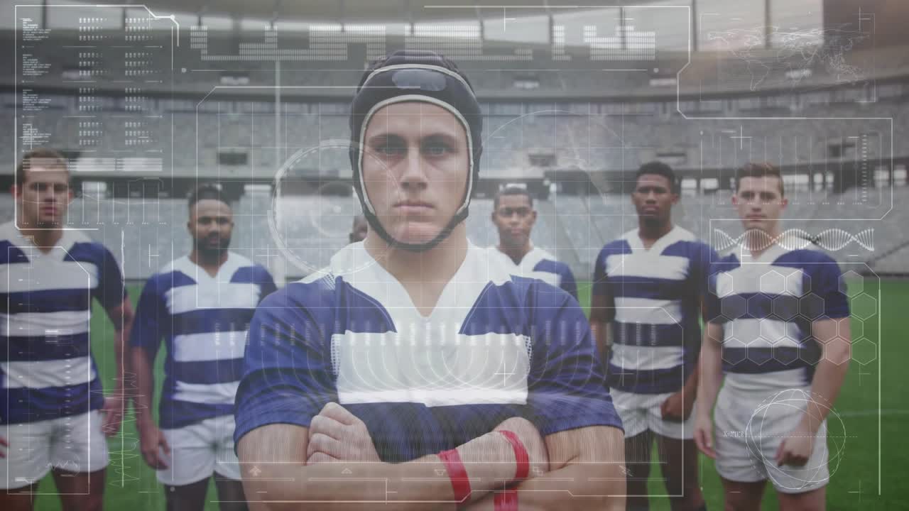 Camera holding rugby player and team showing fading overlay scanning biometric data for sports tech