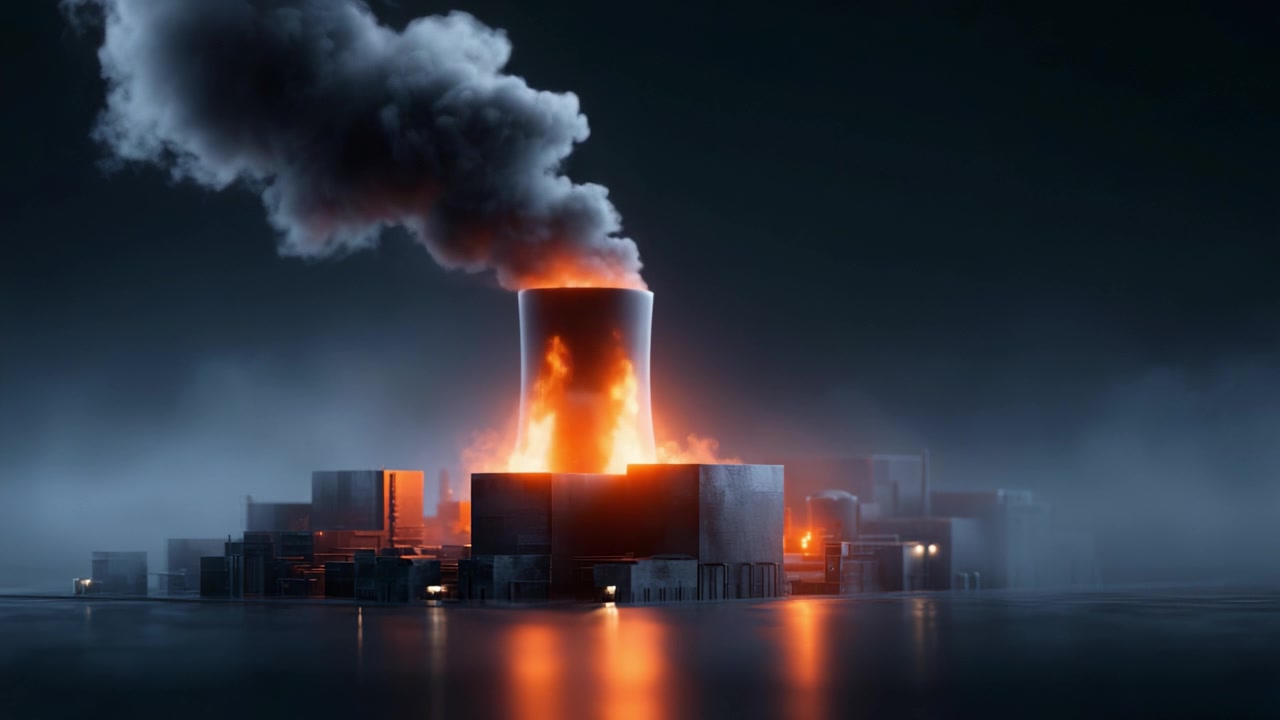 Una scena di esplosione catastrofica di un reattore nucleare raffigurata tra fiamme e fumo drammatici, evidenziando i pericoli dell'industria e i rischi ambientali in un'atmosfera cupa.