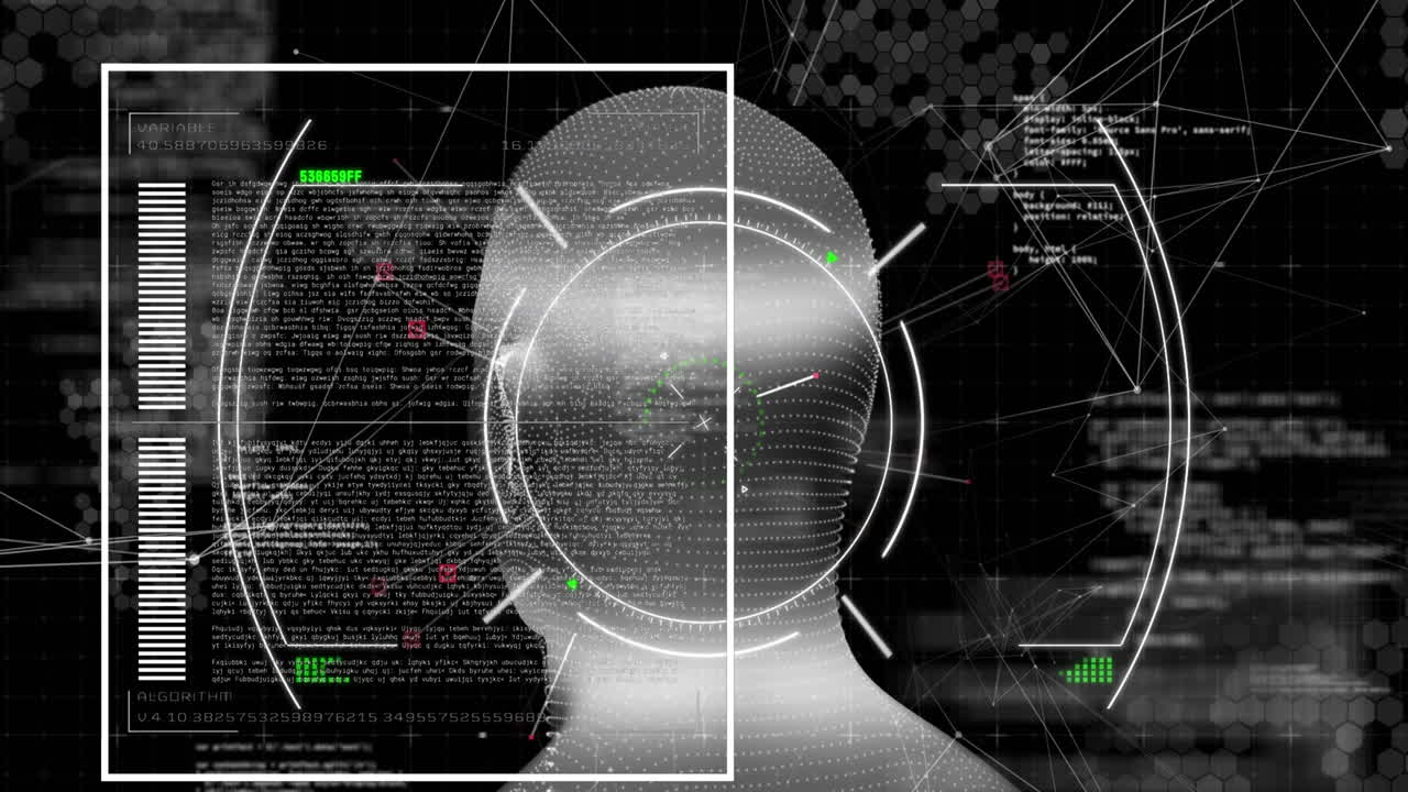 animación de círculos, representación humana, puntos conectados, lenguaje informático en fondo negro