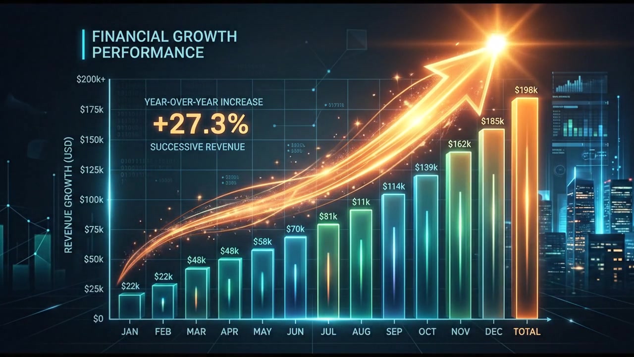 Grafici a barre colorati di crescita finanziaria che si innalzano su una dashboard di analisi digitale futuristica