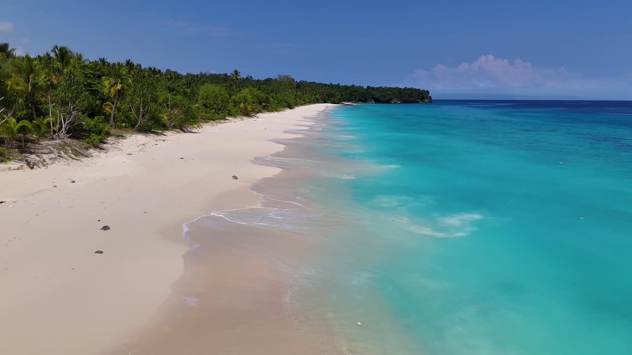 Video drone 4K che sorvola una coppia che cammina lungo una spiaggia tropicale di sabbia bianca in Indonesia. Questa è Mandel Beach a Sulawesi, una splendida spiaggia di sabbia bianca fiancheggiata da palme da cocco e un oceano blu.