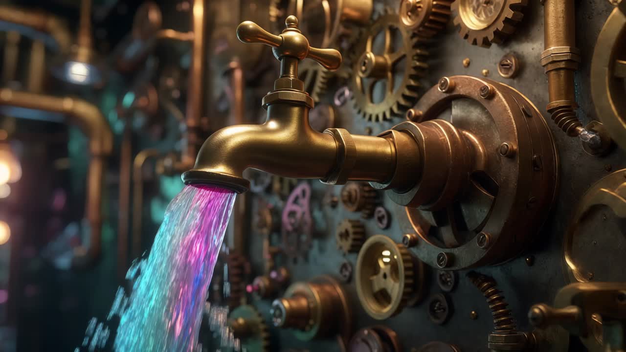 grifo de agua steampunk con flujo colorido