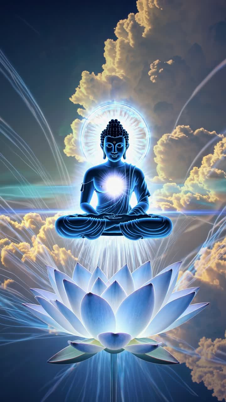 Un’opera d’arte digitale raffigurante un Buddha luminoso che medita su un loto, vista da un angolo inferiore