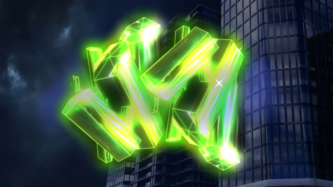Animation von grünen Kristallen über einer Stadtlandschaft.