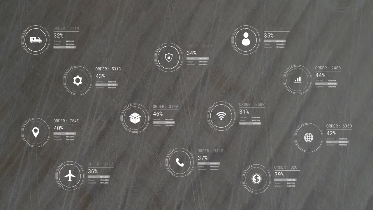 Animazione di una rete di icone ed elaborazione dati su un paesaggio