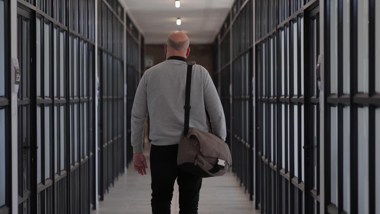 Man Walking Down a Prison Hallway
