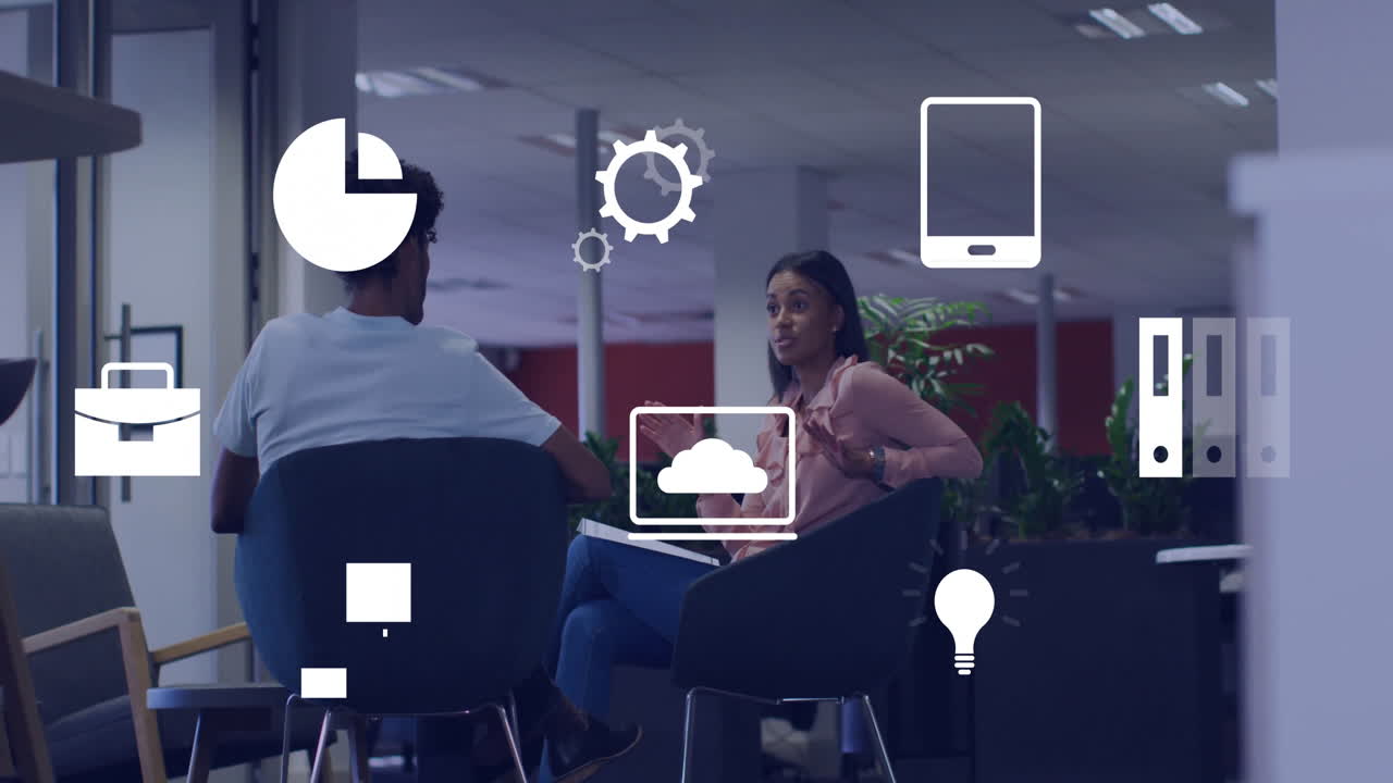 Animation of data processing over diverse business people in office