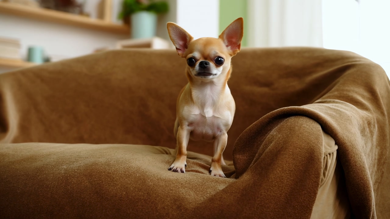 Tiny Tan Chihuahua On Armchair Sits On Brown Blanket, Alert Gaze Toward Window, Ears Perked, Soft Daylight,