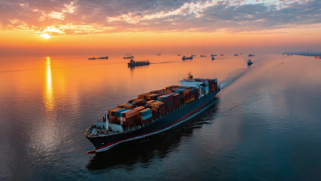 Majestic Container Ship Navigating Calm Waters at Sunset, Surrounded by Other Vessels, Illuminated by the Golden Glow of the Evening Sky and Rich Colors of the Horizon