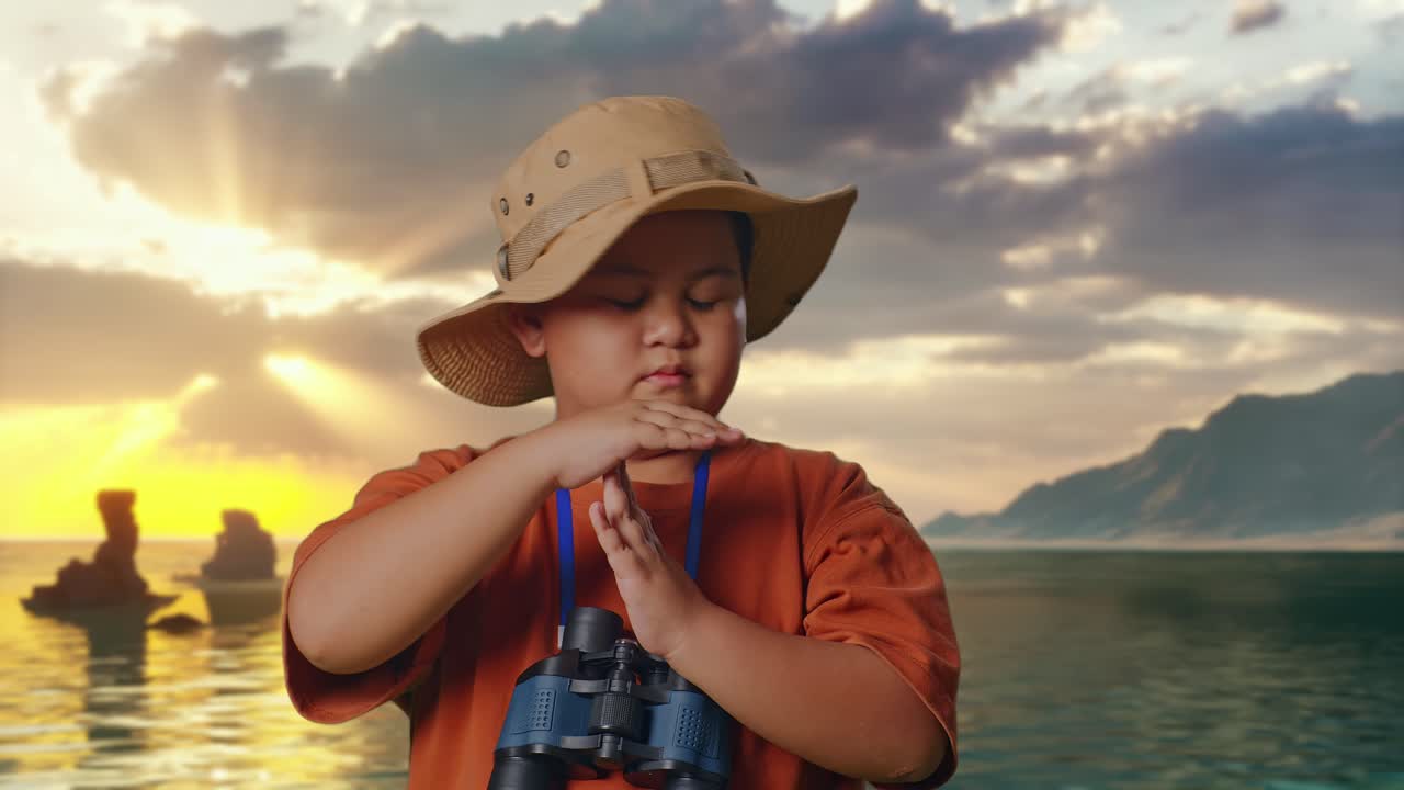 Asiatischer Junge mit Hut und Fernglas schüttelt den Kopf und zeigt eine Auszeitgeste am Strand. Jungenforscher, Reiseturismus-Abenteuerkonzept, Nahaufnahme