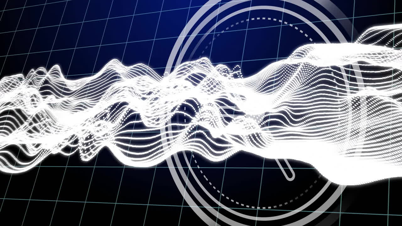 Animation of abstract white waveforms over grid with circular geometric patterns