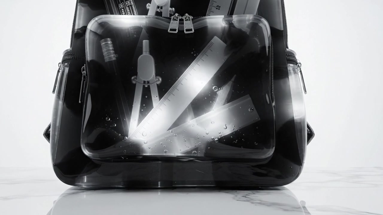 Zaino Trasparente Elegante Che Mostra Materiale Scolastico e Strumenti Artistici con un'Estetica Minimalista e Moderna per Menti Creative e Studenti.