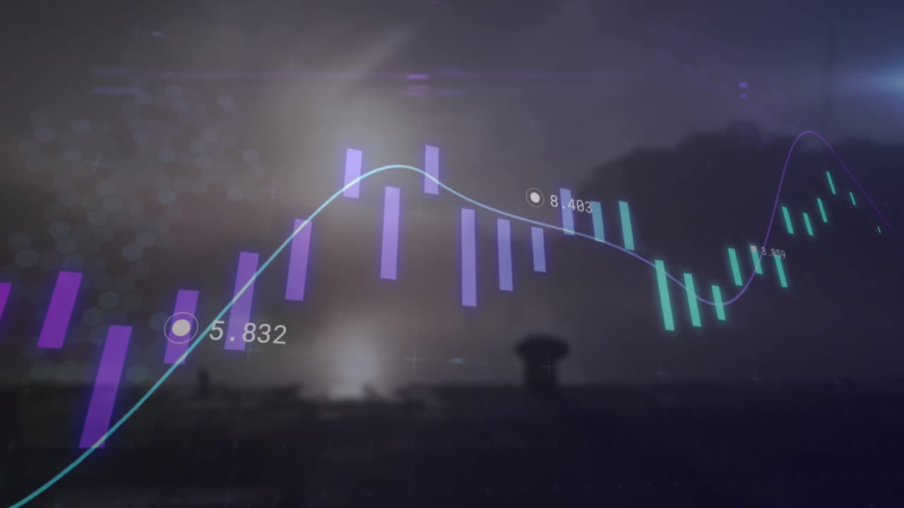 도시 풍경 위의 금융 데이터 처리 애니메이션