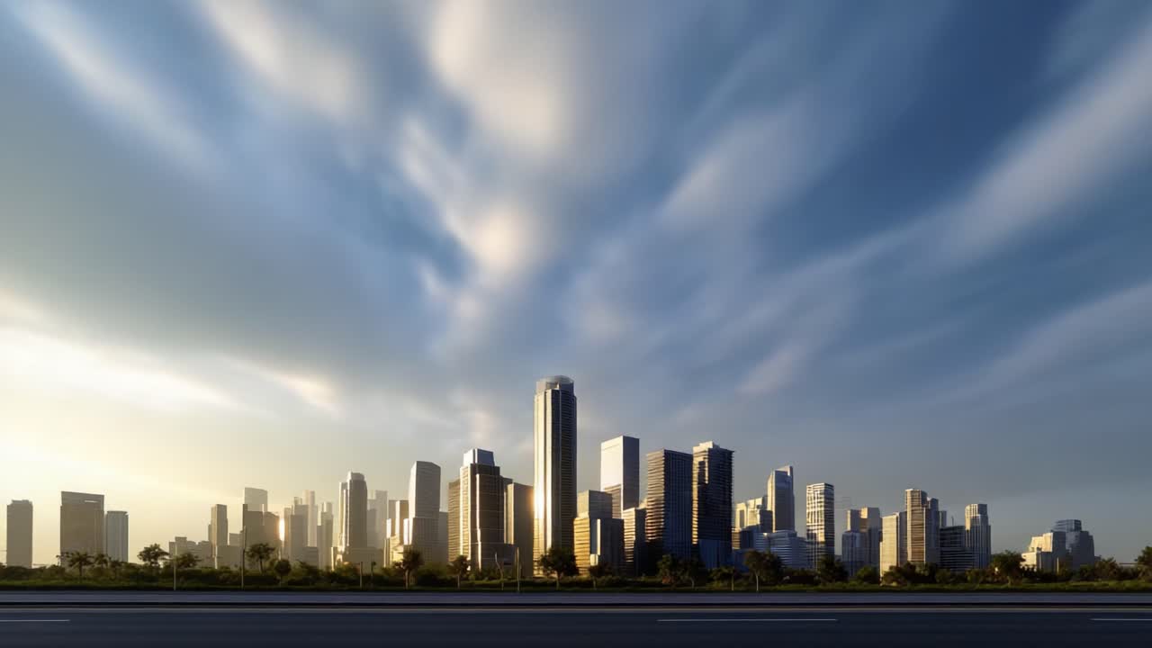 Stunning Skyline Transformation from Day to Night: A Scenic View of Urban Architecture under Dramatic Cloud Patterns and Changing Light Conditions