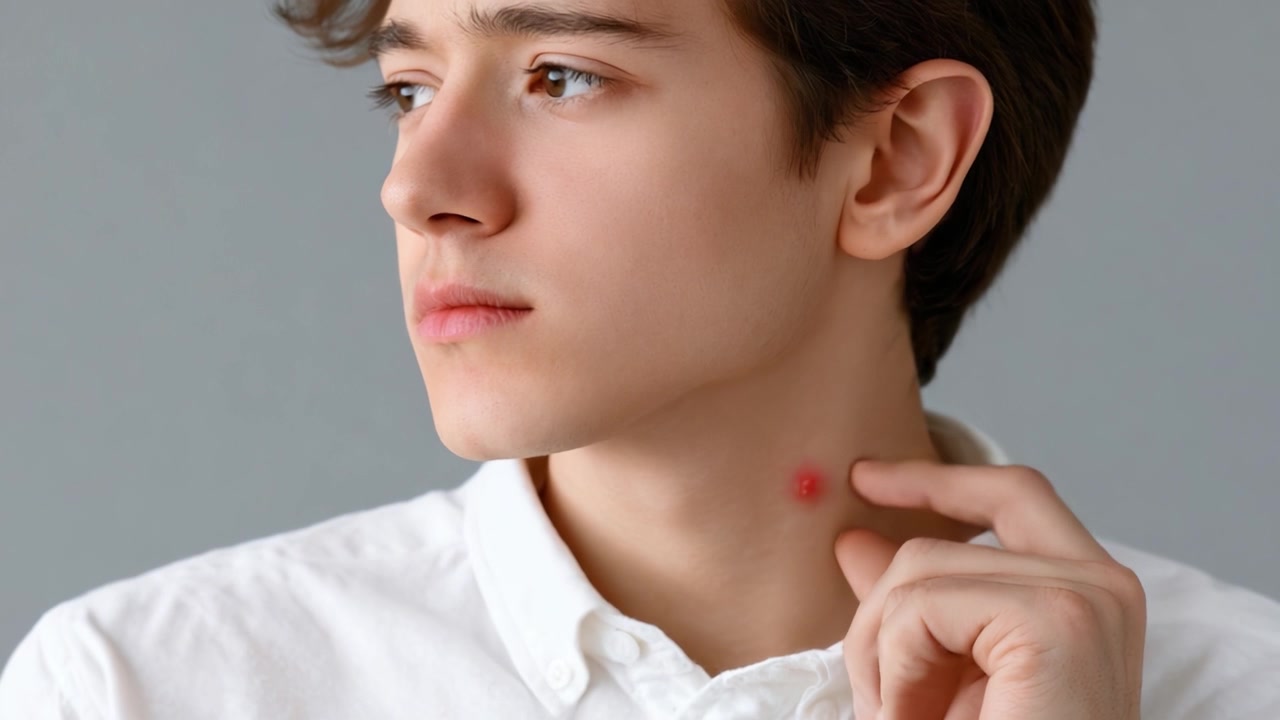 Esplorando l'acne: il viaggio di un giovane uomo con imperfezioni della pelle e percezione di sé in un ambiente da studio.