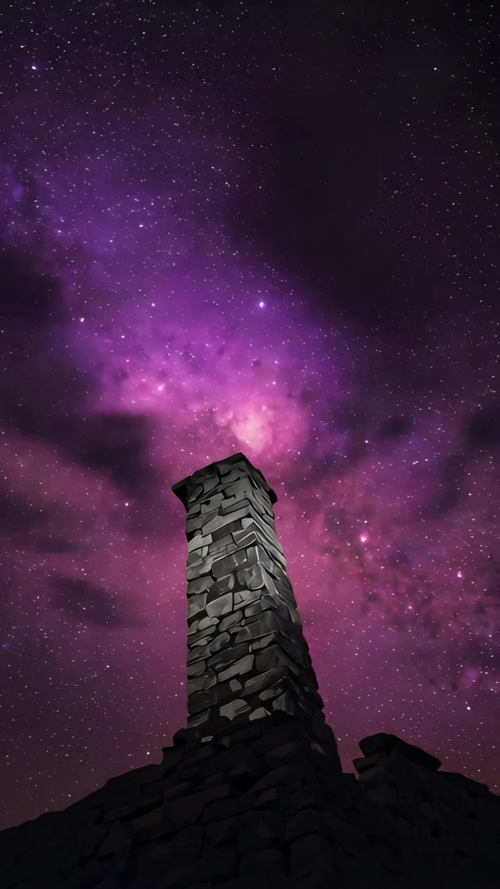 Video verticale: Nuvole sottili che fluttuano, ammorbidendo il bagliore di una nebulosa viola sopra una colonna di pietra su una cresta rocciosa.