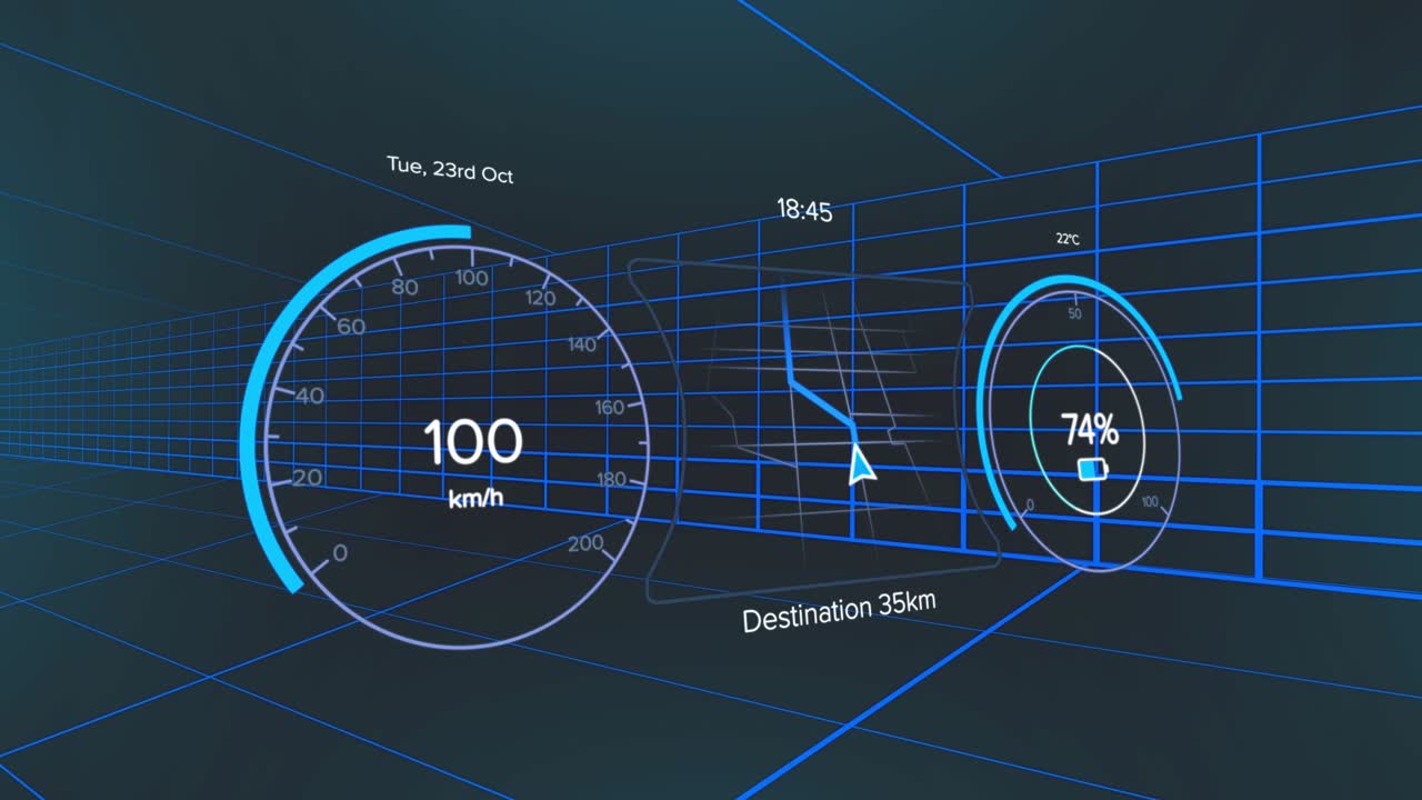 Startup digital HUD displaying speed climbing then falling to visualize journey over wireframe grid