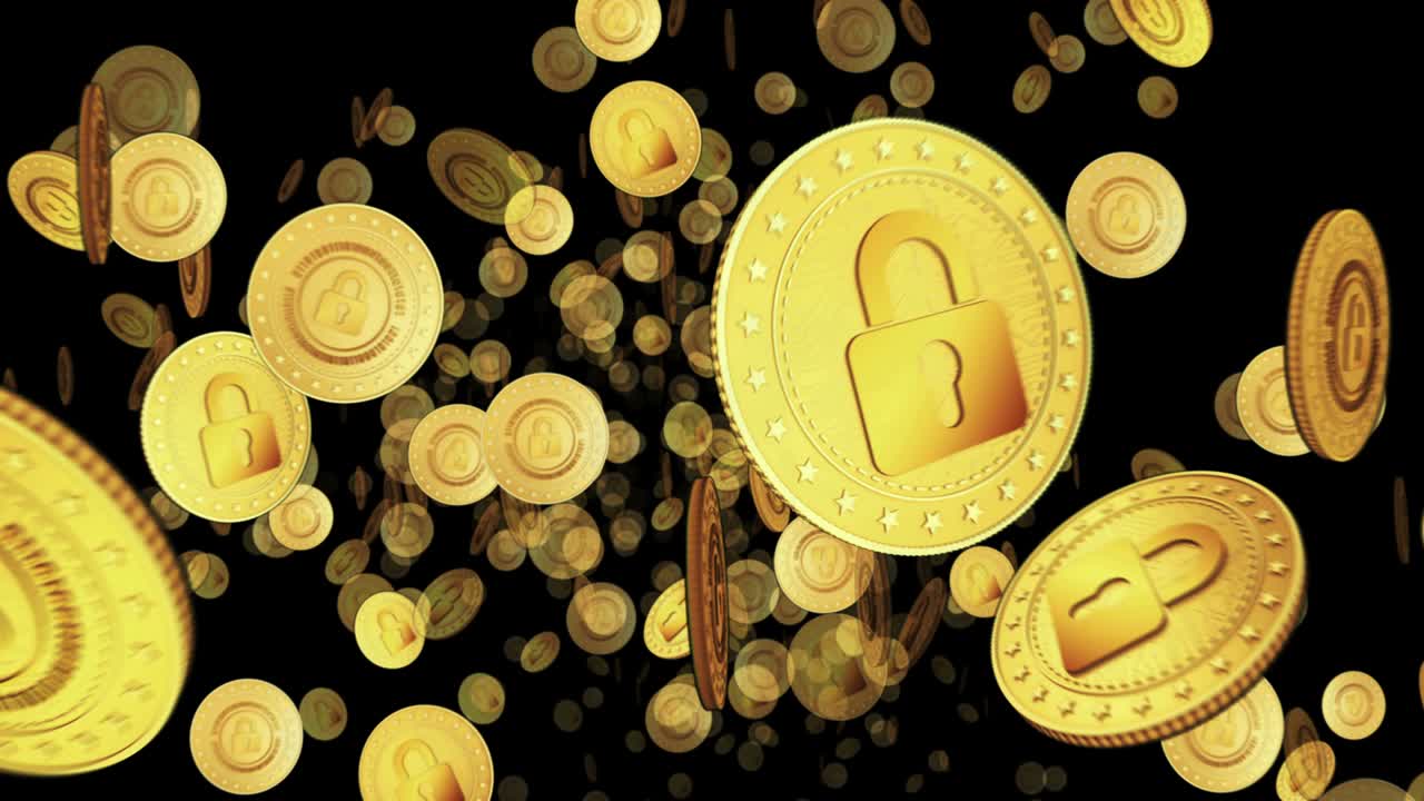 보안 및 안전 지불 락 기호 황금 동전 사이의 루프 비행