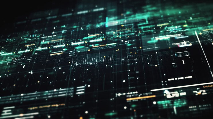 Advance data matrix, telemetry and encrypt numbers simulation user interface display in cyber space abstract de-focus environment background