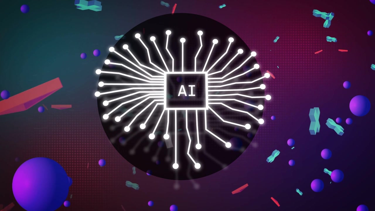 Triggered by bright points, central disc drawing glowing circuit into radial microchip, showing AI