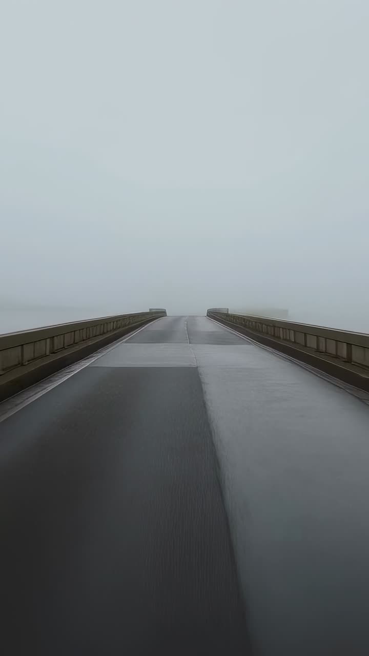 Vertical video: Crossing flooded bridge, camera moving forward revealing wet road, rails, dense fog