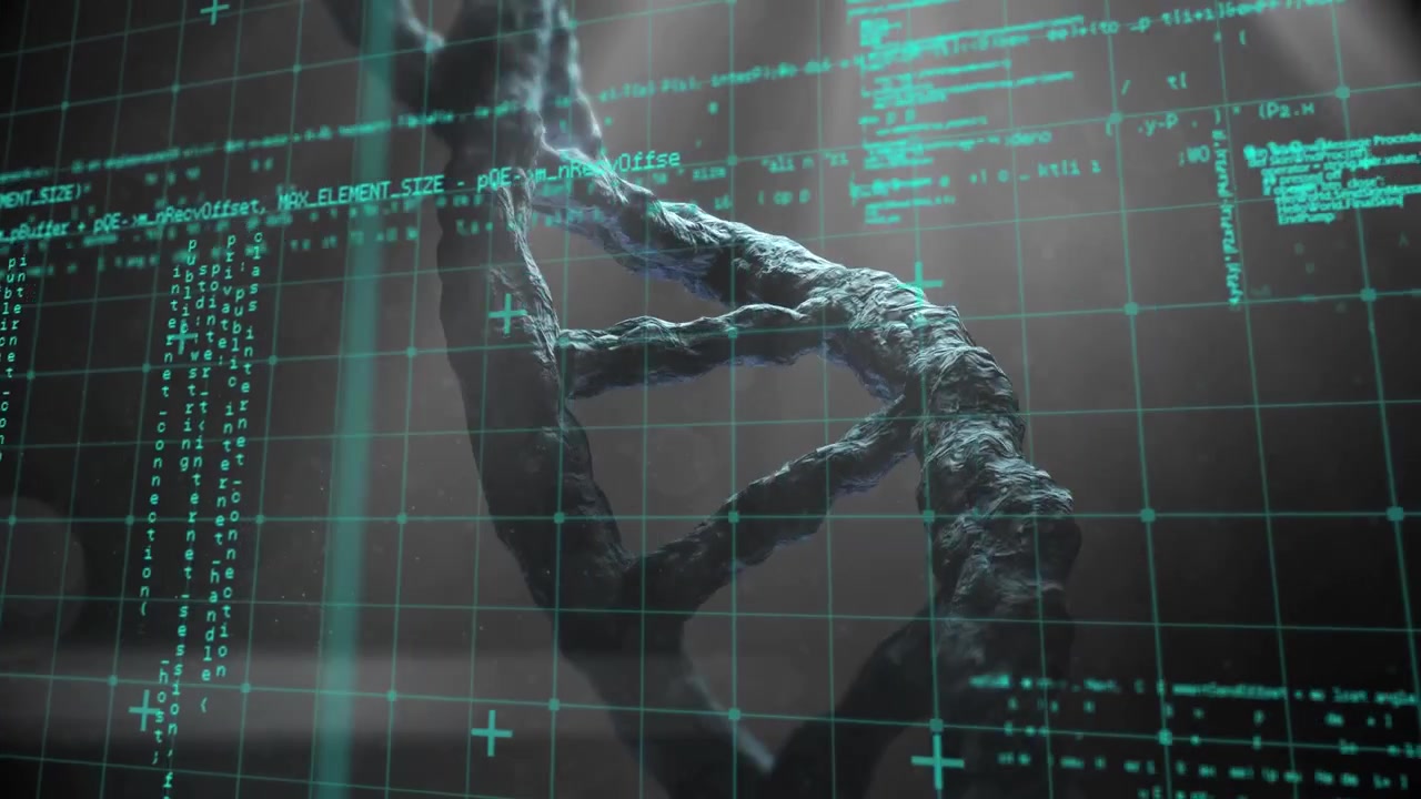 Animazione di elaborazione dati su un filamento di DNA 3D rotante.