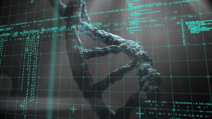 Animation of data processing over 3d dna strand spinning