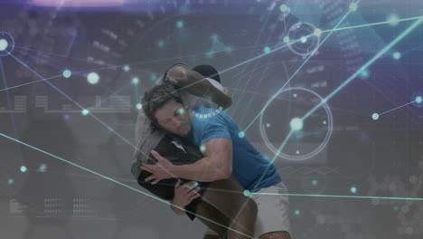 grappling in wrestling match, scientific data processing animation over them