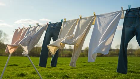 freshly laundered clothes hanging on a line under a bright sky, capturing the essence of domestic life and the joy of fresh air drying in a serene green landscape