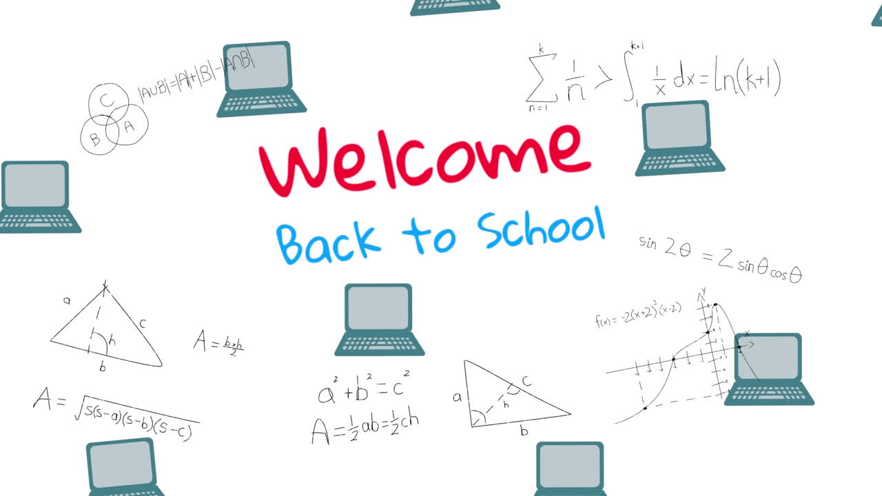 Animation of welcome back to school text over school items icons on white background
